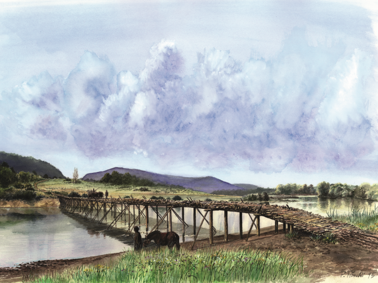 Painting of the celtic bridge in Cornaux, Switzerland