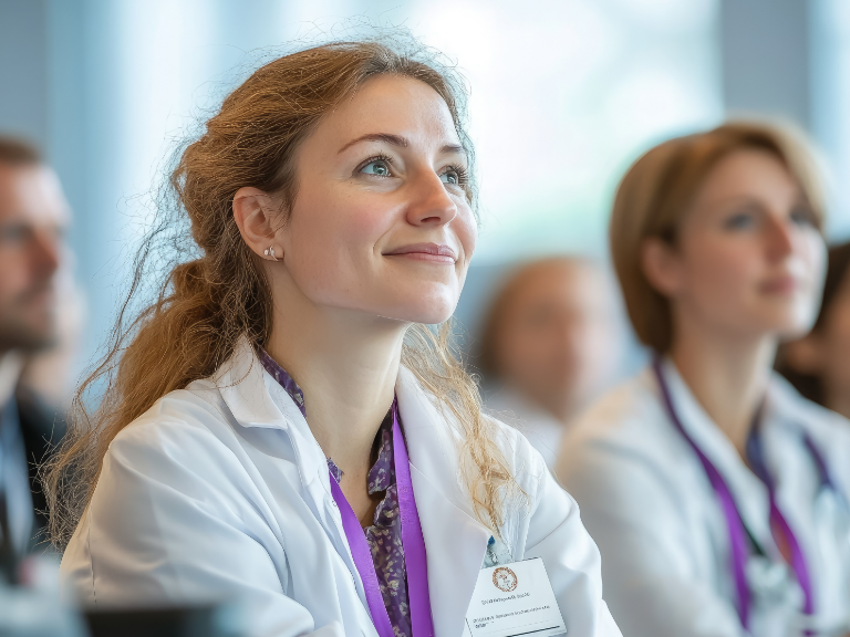 Group of doctors in lab coats with badges at conference in bright auditorium